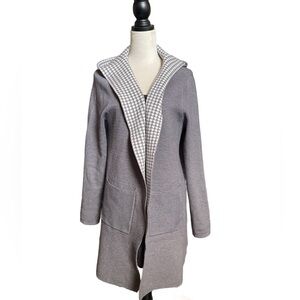 Chic Gray Long Open Hooded Cardigan with Houndstooth Detail (Size: Large)